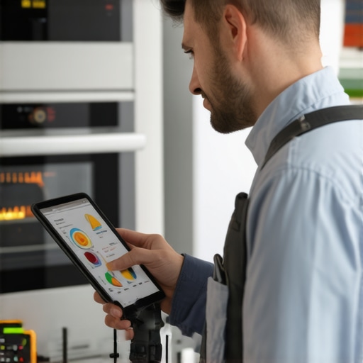 Technician using a tablet to create a service log during an oven repair