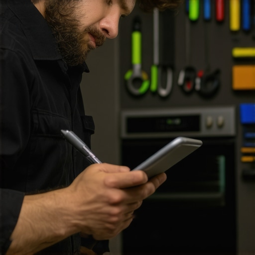 A technician using a digital tablet to record maintenance logs during a kitchen appliance repair.