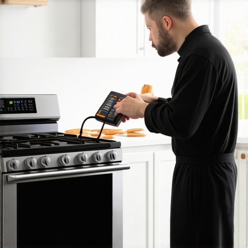 Technician checking range circuit board for grounding errors