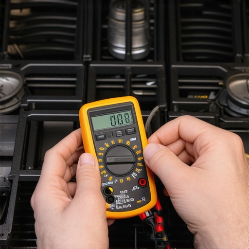 Technician measuring voltage on a gas stove circuit to diagnose ignition failure