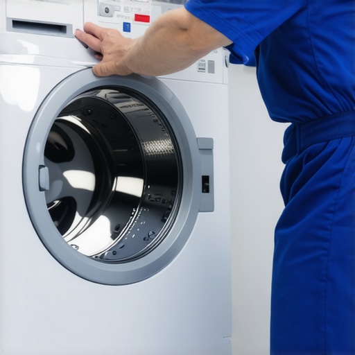 A certified appliance technician leveling a washing machine with professional tools