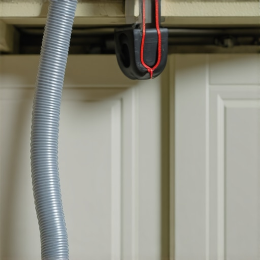 A corrugated dishwasher drain hose forming a high loop under a kitchen sink to prevent water backflow.
