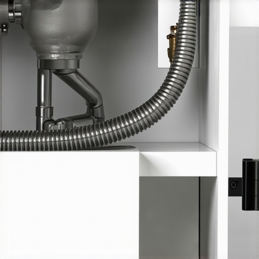 A photo showing a dishwasher drain hose correctly looped high under the sink to prevent odors and backflow.