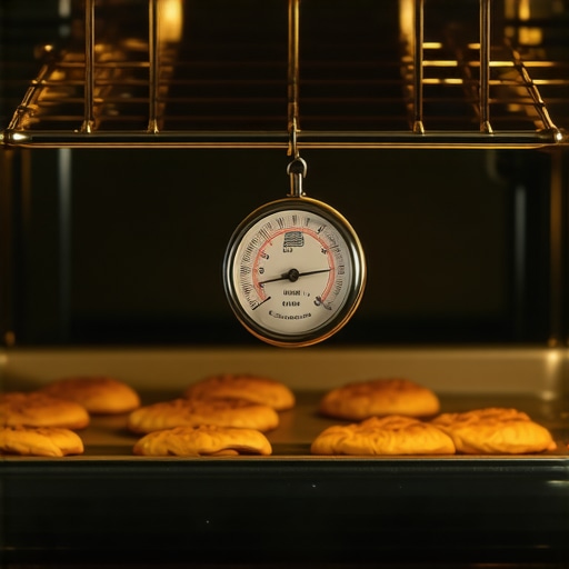 Close up of oven interior showing rack placement and thermometer for calibration