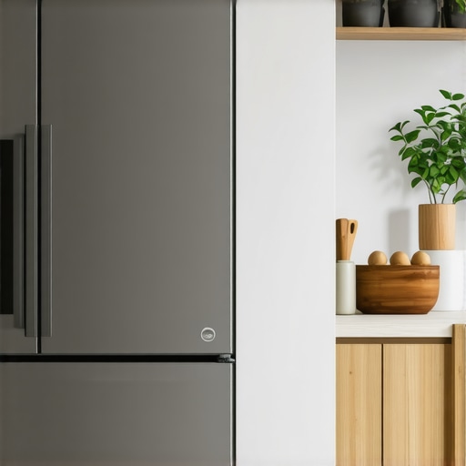 Close-up of a refrigerator with necessary airflow clearance in a kitchen cabinet