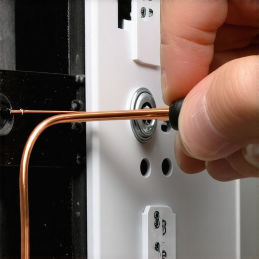 Hand using a screwdriver to secure a copper wire to a smart light switch terminal.