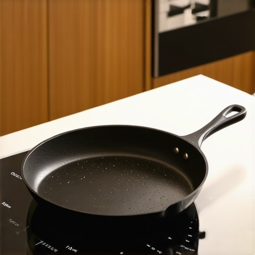 A heavy cast iron pan on an induction stove to demonstrate noise reduction.