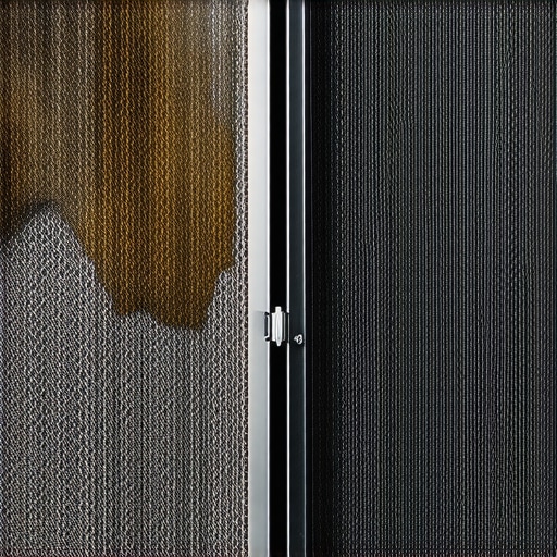 Close-up of a greasy range hood filter showing the difference between a clogged and clean mesh surface.