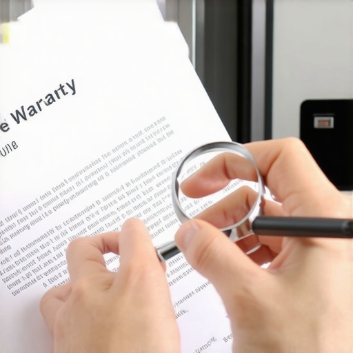 Close-up of magnifying glass over warranty contract terms.