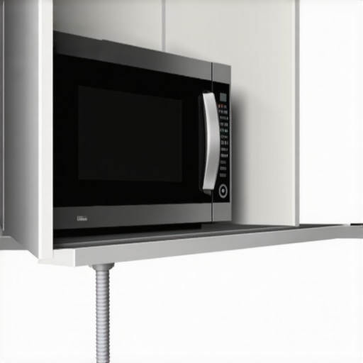 Close-up of a steel mending plate reinforcing a microwave mounting bolt inside a wooden cabinet.