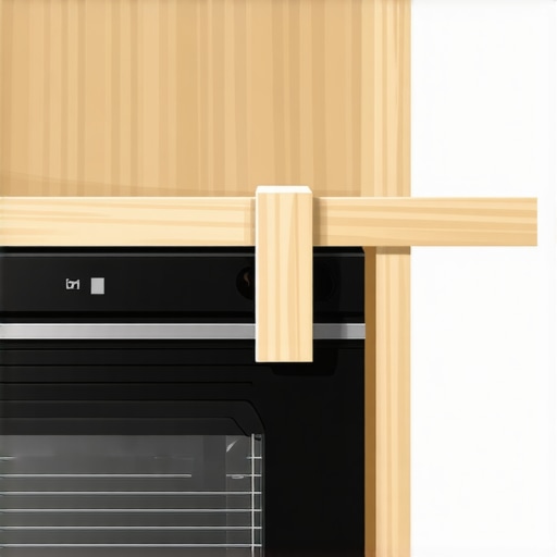Close-up of wooden cleats and bracing inside a kitchen cabinet for oven installation
