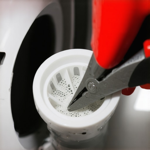 Removing Clogged Washing Machine Inlet Screens Needle-nose pliers extracting a dirty mesh filter from a washer water valve.