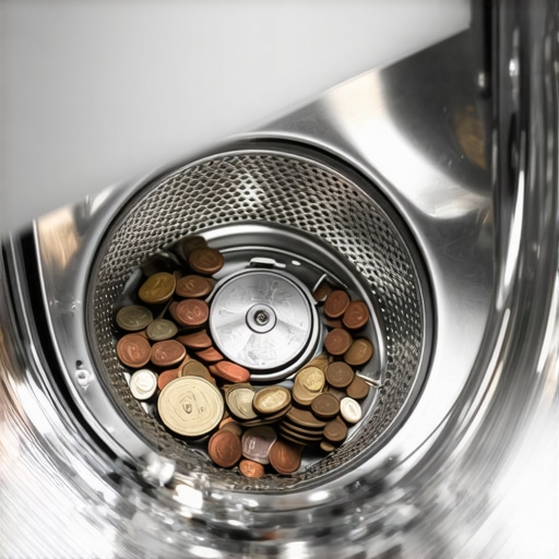 A person unscrewing a washing machine drain pump filter containing coins and lint.