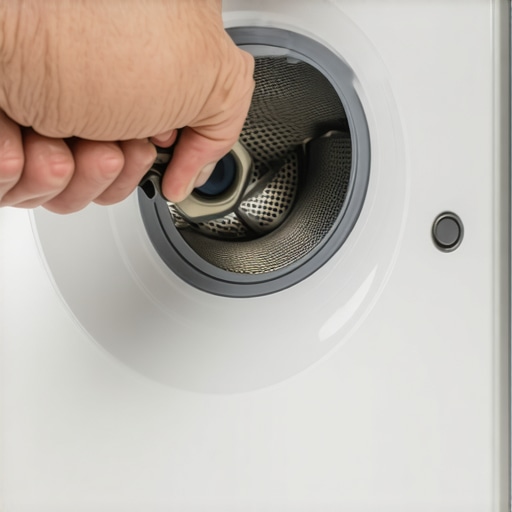 Close-up of a mesh filter being pulled from a washing machine water inlet.