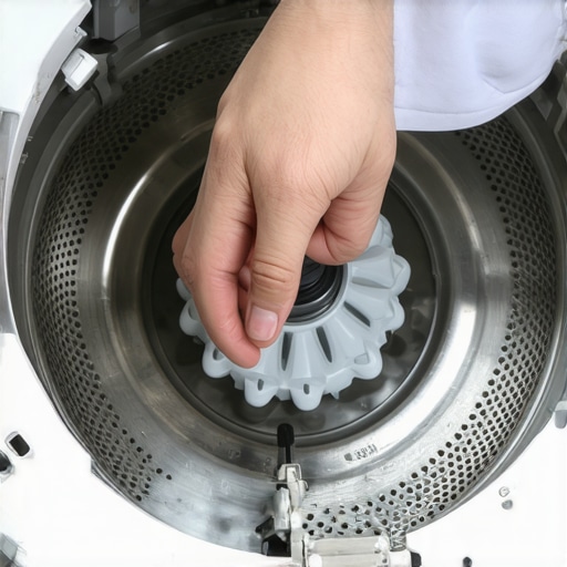 Close-up of a washing machine agitator repair showing the installation of new plastic dogs.