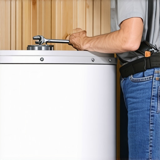 Hands using a wrench on top of a water heater to loosen the anode rod