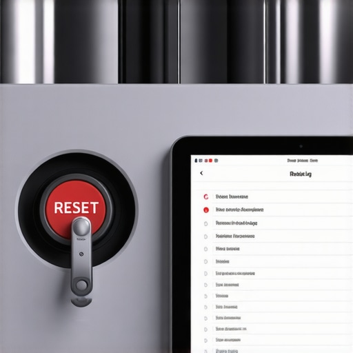 Close-up of a hand pressing the red reset button on the bottom of a kitchen garbage disposal unit.