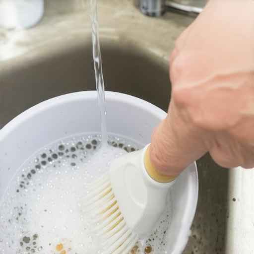 Close-up of a person cleaning a dishwasher filter over a sink to restore water flow.