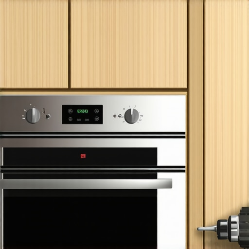 A technician using a drill to install anti-tip screws into a wall oven's side mounting flange.