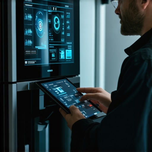Technician using a tablet to check the digital logs of a smart refrigerator for warranty compliance.