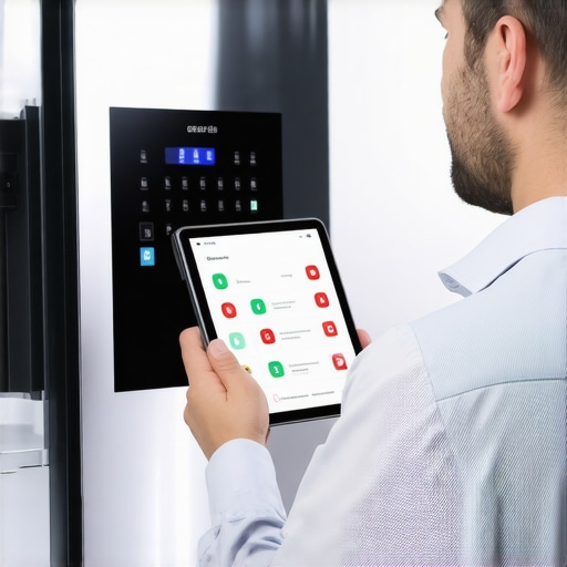 Technician using a tablet for smart fridge diagnostics