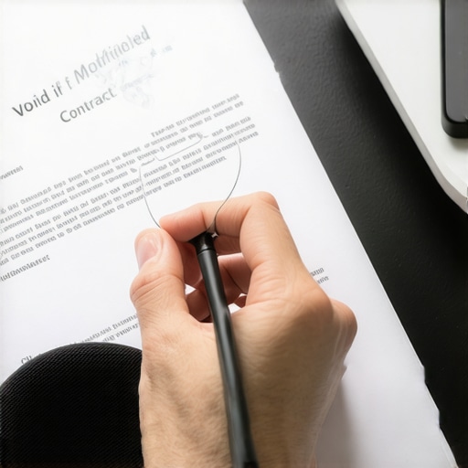 Smart mirror warranty fine print inspection Close-up of magnifying glass over a warranty document with 'void if modified' text.