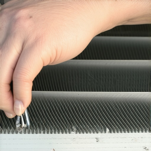 A precision fin comb being used to repair bent aluminum fins on an air conditioning evaporator coil.