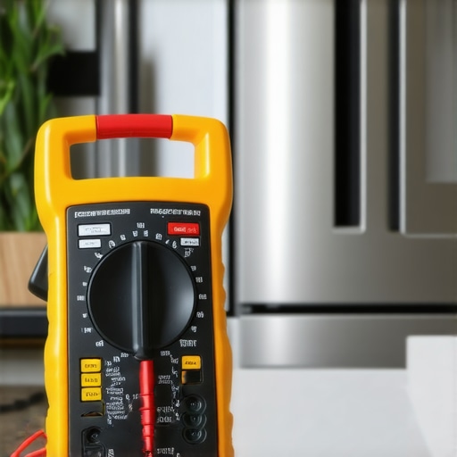Close up of a technician using a digital multimeter on a refrigerator circuit board