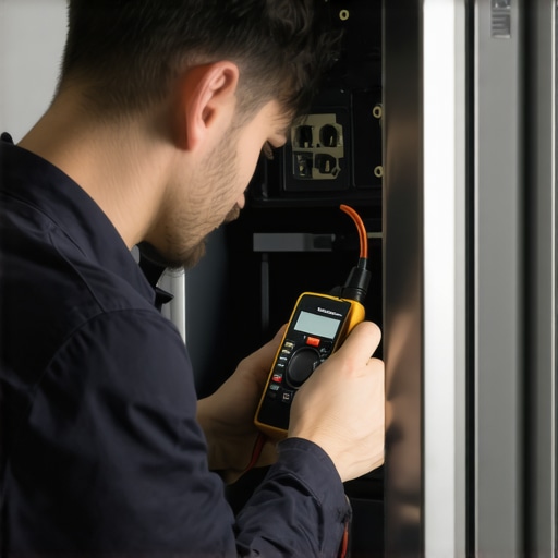 An appliance expert testing the power supply of a smart refrigerator to prevent control board failure.