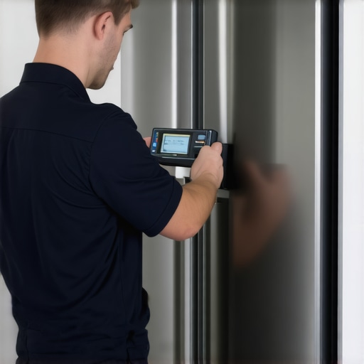 Professional technician using a level on a fridge to fix door seal gaps