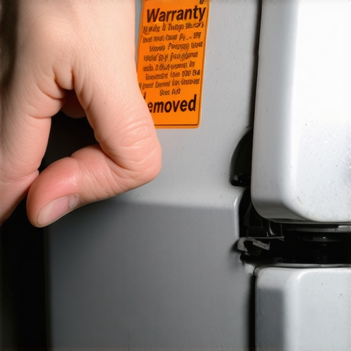 A technician points at a warranty void sticker on a range hood motor to explain repair limits.