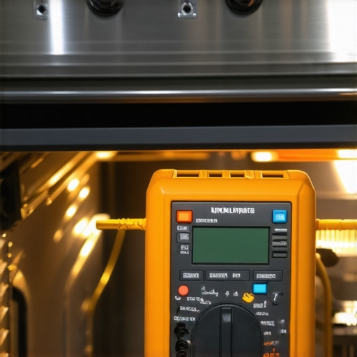 Technician testing oven electronics for warranty verification A technician using a multimeter on a smart oven control board to diagnose a warranty issue and check electrical grounding.