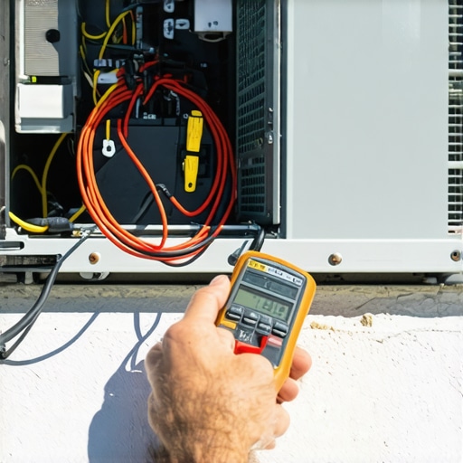 A technician using a multimeter to diagnose an air conditioner compressor.