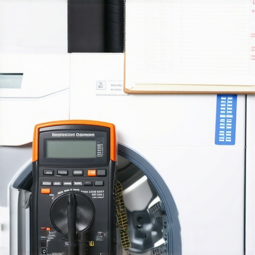 A digital multimeter being used for appliance repair alongside a maintenance record book.