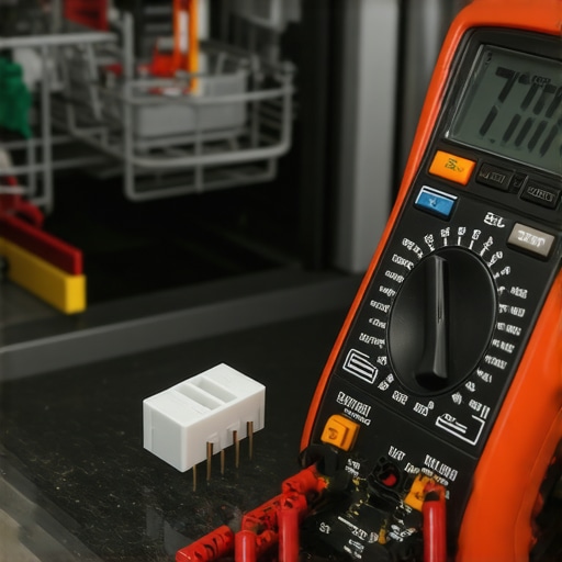 A digital multimeter checking a dishwasher thermal fuse for electrical continuity.