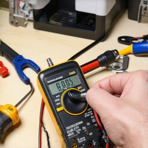 A technician using a digital multimeter to diagnose a refrigerator fan motor issue.