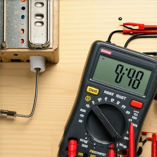 A technician using a digital multimeter to diagnose a luxury toaster oven heating element on a workbench.