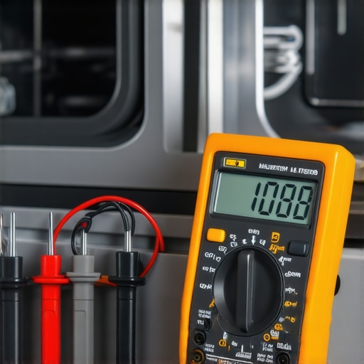 A digital multimeter checking the electrical connection of a dishwasher to prevent control board failure.