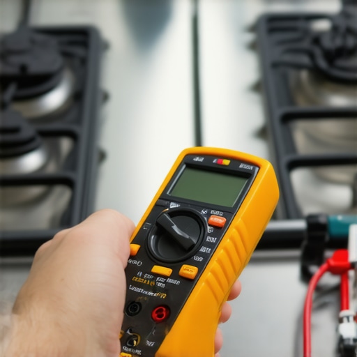 A technician using a multimeter on a kitchen range to verify proper electrical installation.