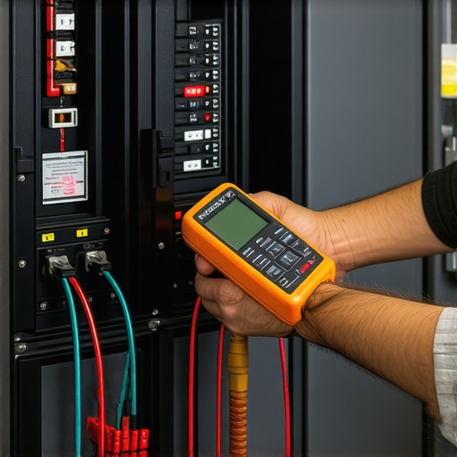 Technician testing a smart stove terminal block for electrical interference and proper grounding.