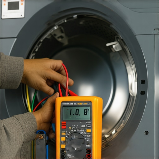 A technician using a digital multimeter to diagnose a washing machine control board.