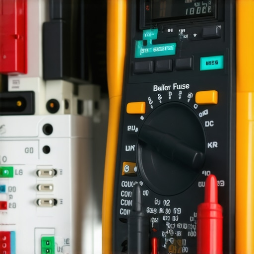 A technician using a digital multimeter to check the continuity of an oven fuse.