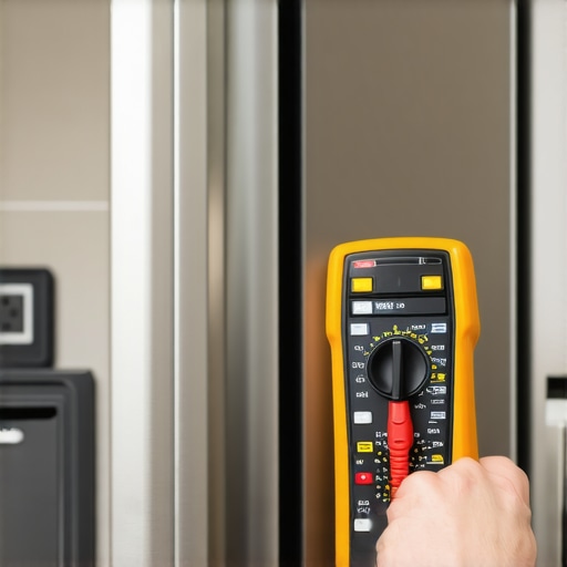 A hand using a digital multimeter to verify the electrical outlet for a refrigerator to protect the warranty.