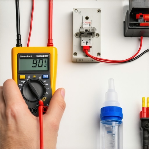 A homeowner using a digital multimeter to verify the 24V output of a smart doorbell transformer.