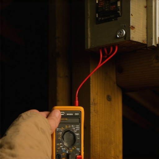 A technician using a multimeter to check the AC voltage of a doorbell transformer in an attic.