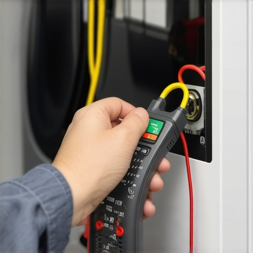 A homeowner using a digital multimeter to diagnose an appliance part.