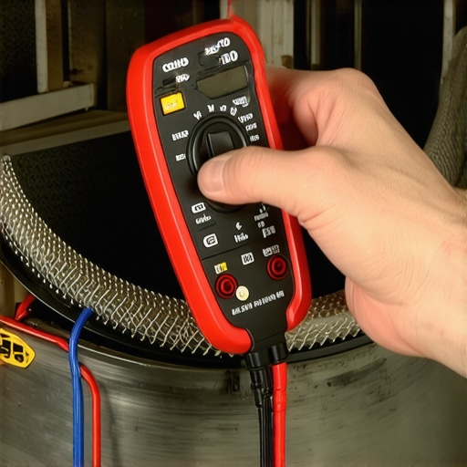 Close-up of a multimeter testing moisture sensor bars inside a dryer drum for electrical continuity.