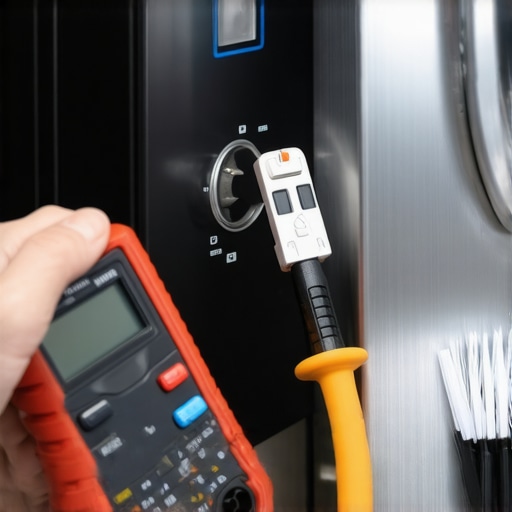 A technician using a multimeter to check a dryer fuse for continuity alongside essential repair tools.