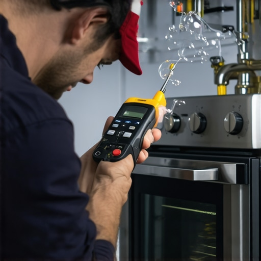 Technician checking gas stove connections and electrical grounding for safety.