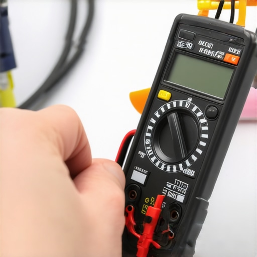 A digital multimeter being used to check the voltage on a gas range spark module for troubleshooting ignition delays.